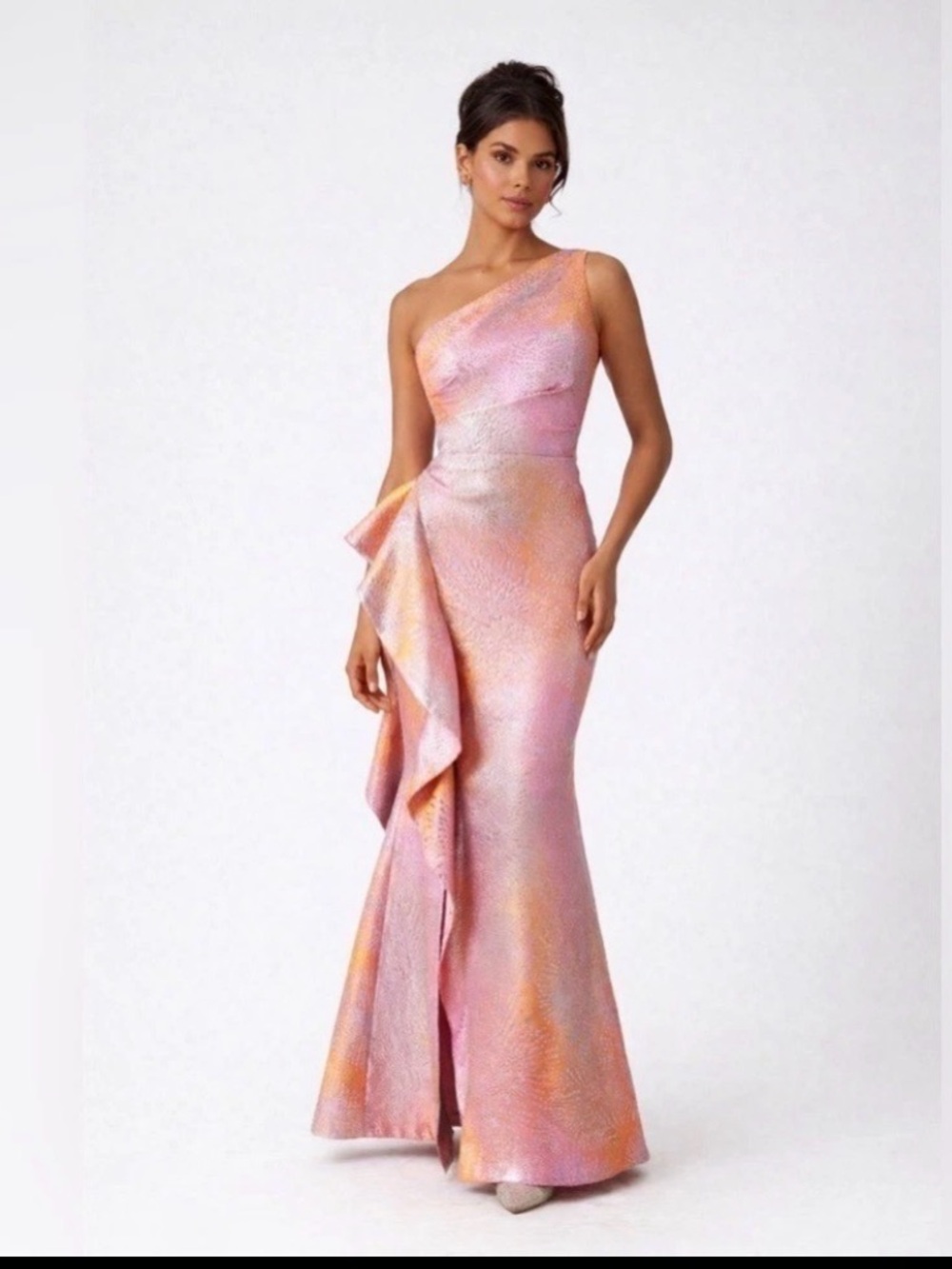 Teri Jon by Rickie FreemanJacquard One-Shoulder Ruffle Column Gown Bridal 18